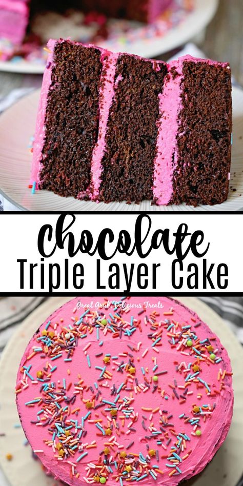 Chocolate Triple Layer Cake is 3 deliciously moist layers of cake, topped with pink buttercream frosting and candied sprinkles. #chocolatecakerecipe #deliciouscakes #decadentdessert #cakerecipe #greatgrubdelicioustreats Chocolate Birthday Cake With Sprinkles, Chocolate Cake Pink Frosting, Chocolate Cake With Pink Frosting, Pink Chocolate Cake, Pink Buttercream Frosting, Graham Cake, Triple Layer Chocolate Cake, The Best Birthday Cake, Triple Layer Cake