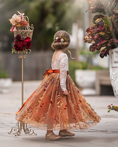 Floral Flower Girl Dress, Fall Flower Girl Dresses, Fall Flower Girl, Flower Girl Dress Boho, Boho Flower Girl Dress, Flower Wreath Hair, Girls Fall Dresses, Long Flower Girl Dresses, Boho Flower Girl