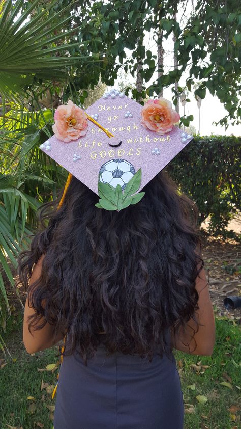 Get it? :) "Never go through life without goals" is what my graduation cap was supposed to say, but I thought I'd change it up a bit. Soccer is my passion! Graduation Cap Designs Soccer, Soccer Graduation Cap Ideas, Soccer Graduation Cap, Vpk Graduation, Caps Ideas, Funny Graduation Caps, Graduation Cap Decoration Diy, High School Graduation Cap, College Graduation Cap Decoration