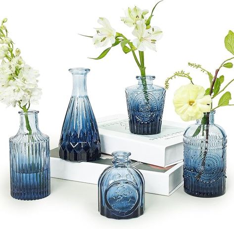 Amazon.com: SUPMIND Glass Bud Vase Set of 5, Green Small Flower Vases for Centerpieces in Bulk, Mini Vintage Vase for Rustic Wedding, Home,Table Decoration : Home & Kitchen Blue Vase White Flowers, Shades Of Blue Wedding Table Decor, Simple Blue Flower Centerpieces, Blue Winter Wedding Centerpieces, Blue Engagement Party Decorations, Blue Bridal Shower Centerpieces, Wedding Decorations Dusty Blue, Blue And Silver Wedding Decorations, Baby Boy Shower Table Centerpieces