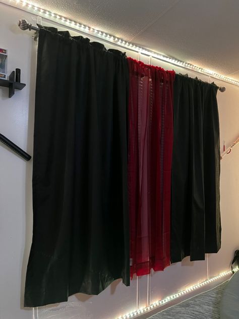 Black Red Room Ideas, Black Curtain Aesthetic, Red And Black Aesthetic Room Decor, Red And Black Goth Bedroom, Sheer Red Curtains, Red And Black Aesthetic Bedroom, Red And Black Apartment Decor, Red Goth Room, Red And Black Room Ideas