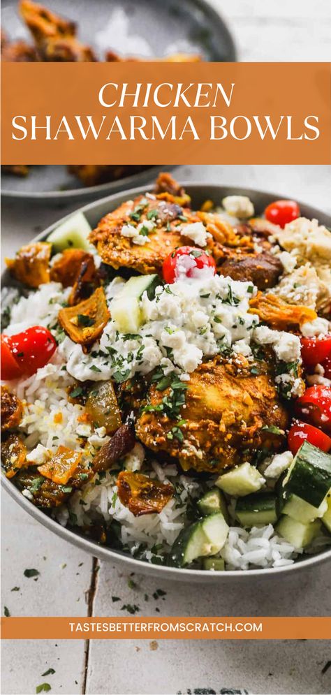 Easy Chicken Shawarma Bowls recipe for hot weather dinner ideas, summer chicken recipes, and protein-packed meals. Asian Dinners Easy, Swarma Chicken Marinade Recipe, Shawarma Bowl Recipe, Crockpot Chicken Shawarma, Protein Dinner Bowls, Meal Bowls Healthy, Chicken Shawarma Recipe Authentic, Easy Bowls For Dinner, Swarma Chicken