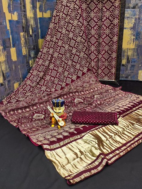 Buy Pure Gaji Silk Bandhani Saree With Lagdi Patta Saree Bandhej Online in India - Etsy Lagdi Patta Saree, Gaji Silk Bandhani Saree, Bandhani Sarees, Thanks For The Gift, Bandhani Saree, Silk Dupatta, Saree Look, Pure Silk Sarees, Sarees Online