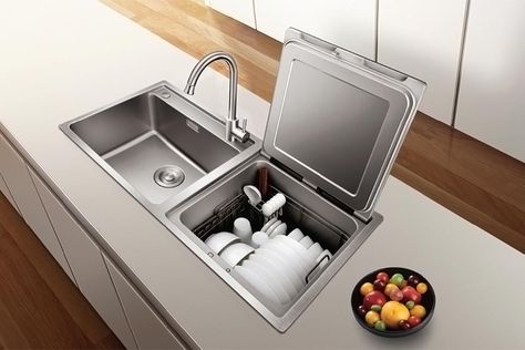 This 3-in-1 dishwasher was designed to fit in your sink – a 2020 kitchen essential! | Yanko Design Sink And Dishwasher, Sink Dishwasher, Small Dishwasher, Countertop Dishwasher, Built In Dishwasher, Kitchen Solutions, Stainless Steel Kitchen Sink, Yanko Design, Washing Dishes