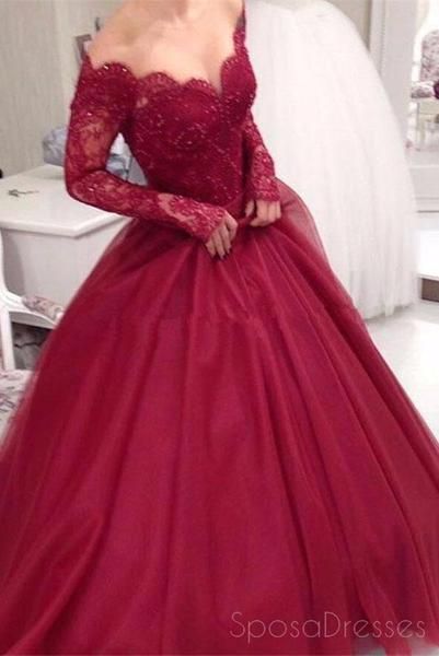 Long Sleeve Tulle Evening Dress, Tulle Prom Dress A Line, Burgundy Quinceanera Dresses, Off Shoulder Ball Gown, Grad Dresses Long, Long Sleeve Ball Gowns, Tulle Evening Dress, Prom Dresses Gowns, Prom Dresses Two Piece