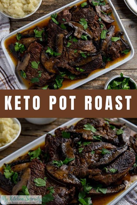 This Keto Pot Roast cooks effortlessly on the stovetop in a savory broth with Portobello mushrooms. Cocoa powder adds an unexpected twist, making this recipe both keto-friendly and versatile for a satisfying family meal! Keto Pot Roast, Gf Dinners, Southern Cooking Recipes, Healthy Beef Recipes, Cooking A Roast, Flavorful Vegetables, Drink Inspiration, Easy One Pot Meals, Easy Baked Salmon