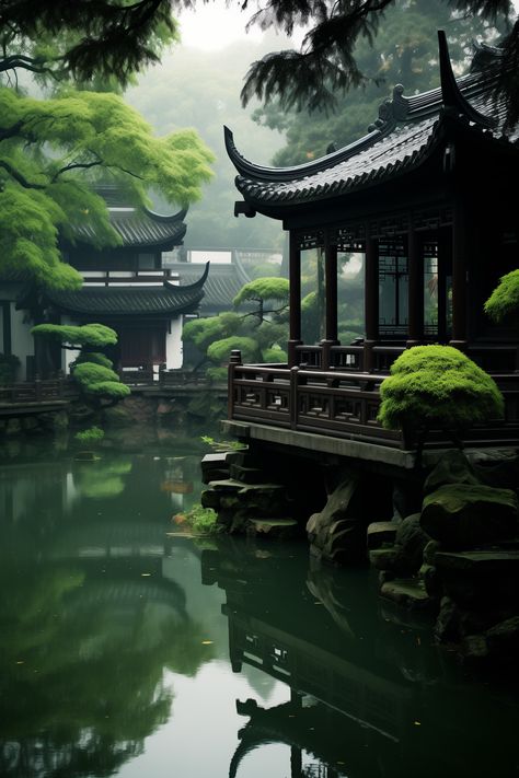 A historically inspired Chinese house, set elegantly by a tranquil pond, showcases a rich interplay of dark white and green tones. The earthy color palette exudes an urban grittiness, juxtaposed with romantic charm and majestic architectural details, creating a captivating aesthetic reminiscent of ancient tales. Dive into this mesmerizing scene of rich culture and timeless beauty. Green Chinese Aesthetic, Chinese Garden Landscape, Chinese Nature, Chinese Buildings, Chinese Places, Japan Green, Earthy Palette, Dark Green Wallpaper, Chinese Green