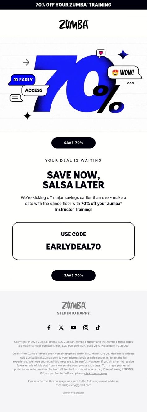 Best Email Design Inspiration | Zumba - VIP Early Access: Black Friday Starts NOW with 70% OFF Html Email Design, Email Ideas, Zumba Instructor, Email Marketing Design Inspiration, Email Design Inspiration, Email Marketing Design, Marketing Email, Newsletter Design, Best Email