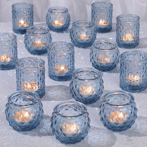 PRICES MAY VARY. [ Choice for Wedding Shower ]: DARJEN Blue candle holders are so perfect for your wedding shower. This blue color is subtle and sheer, the glass reflects the light from the candle in such a pretty way. They bring a romantic and joyful glow to your party, creating a beautiful atmosphere for you and your guests. Whether it is decorative or gift for wedding shower, they are your best choice. [ Unique Diamond Textured Style ]: This is the spark collision of noble and simple fashion. Greek Theme Wedding Decoration, Dusty Blue Decorations Wedding, Pearl Wedding Table Numbers, Water Wedding Decor, Dusty Blue And Gold Wedding Theme Table Settings, Pastel Blue Wedding Decorations, Navy Light Blue And Gold Wedding, Light Blue Outdoor Wedding, Navy Cream Wedding