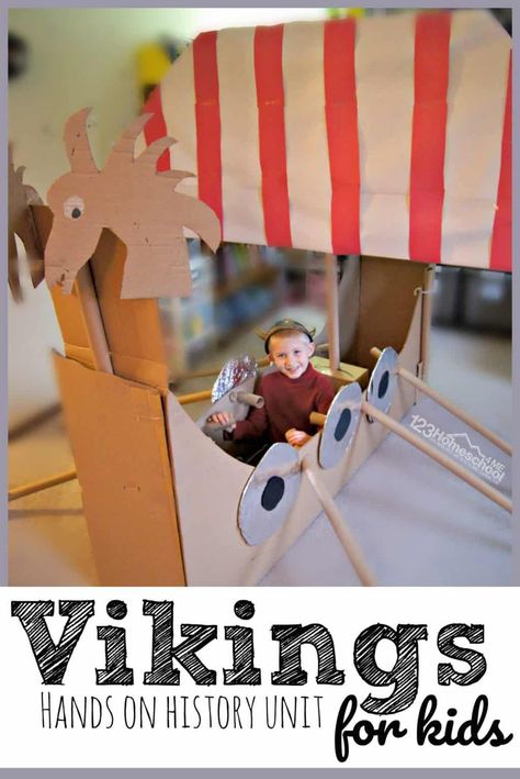 Vikings for Kids - this is a fun hands on history unit that will help make history come alive including history activities, history crafts, free history printables and more for learning about early explorers #vikings #history #homeschooling Vikings For Kids, Barco Viking, History Lessons For Kids, 123 Homeschool 4 Me, Viking Party, Early Explorers, Dragon Party, Homeschool History, History Activities