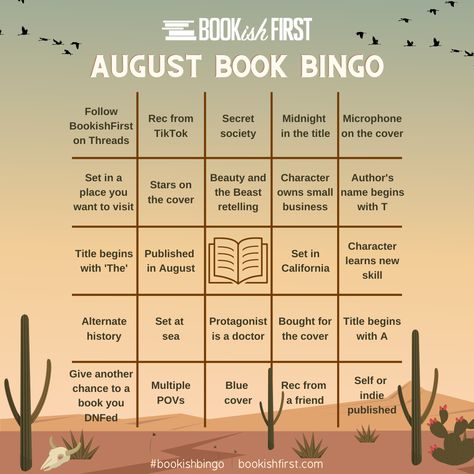 A bingo board with a sunset background and desert illustrations. The prompts are all bookish and related to reading challenges. Bookish Bingo, Reading Prompts, Book Bingo, Book Blogging, Bookstagram Ideas, Books Tbr, August Challenge, Book Tracker, Tracker Template