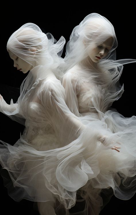 Ethereal, ghostly figures dancers, stereoscopic photography, created with Ai. Ghostly Fashion, Stereoscopic Photography, Core Dresses, White Editorial, Nordic Aesthetic, Show Makeup, Fashion Layout, Green Street, Fashion Couture