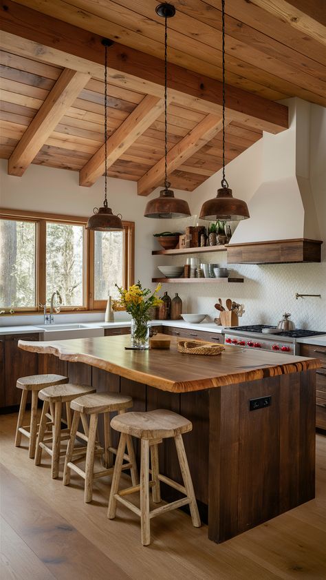 25 Wood Kitchen Ideas: Cabinets, Islands, Countertops, Backsplash, and More Raw Edge Wood Countertops, Wood Kitchen Tables, Pallet Countertop, Kitchen Ideas Cabinets, Wood Kitchen Islands, Wood Kitchen Countertops, Wood Island Top, Live Edge Countertop, Wooden Countertops Kitchen