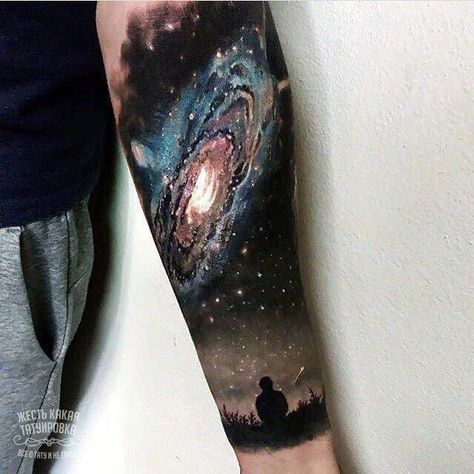 Galaxy Tattoo Ideas Universe, Space Tattoos Realism, Space Sleeve Tattoos For Guys, Galaxy Tattoo Sleeve Black And White, Black Galaxy Tattoo, Black Wrist Tattoo, Space Tattoo Ideas For Men, Space Themed Tattoos, Galaxy Tattoo Design