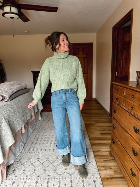 green turtleneck sweater outfit, wide leg cuffed jeans outfit ideas, green clogs outfit inspiration, casual winter outfit ideas for women, cozy fall outfit with green sweater, how to style wide leg jeans, trendy winter outfit Pinterest, green sweater and jeans outfit combo, casual chic green sweater look, winter fashion street style 2024, cozy and stylish outfit ideas, wide leg jeans with clogs outfit, green turtleneck winter fashion, minimalist winter outfit for women, everyday casual outfit inspo Wide Leg Jeans With Sweater Outfit, Cuffed Jeans Outfit Winter, Green Sweater And Jeans Outfit, Cuffed Wide Leg Jeans Outfit, Cuffed Jeans Outfit 2024, Wide Leg Cuffed Jeans Outfit, Cozy Teacher Outfits, Wide Leg Jeans Outfit Winter, Outfits For December