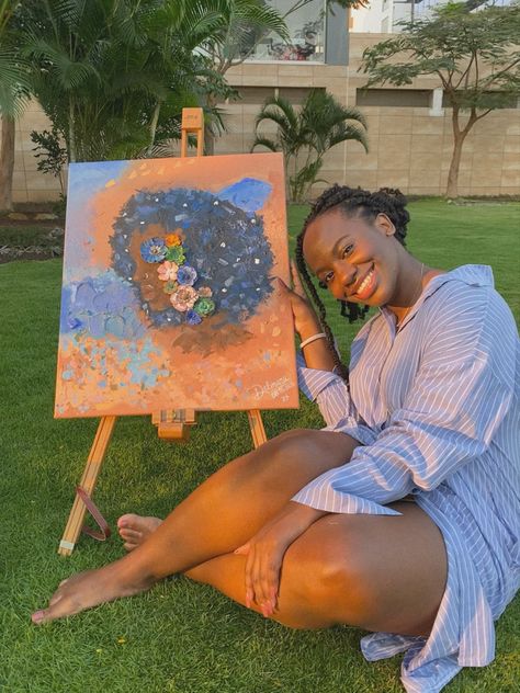 Painting of a woman in spring, painted by a black young woman Black Woman Artist, Successful Artist Aesthetic, Painter Aesthetics, Manifest Art, Highschool Goals, Black Woman Painting, Creativity Poster, Goals 2025, Black Female Artists