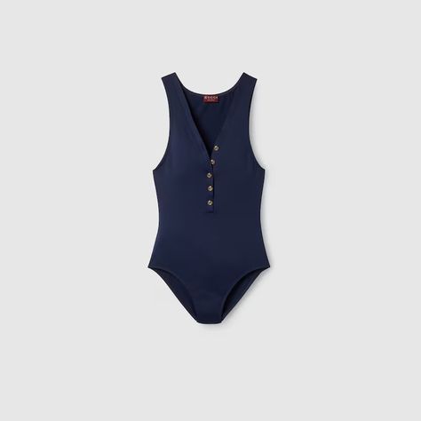 Sparkling jersey swimsuit in dark blue | GUCCI® US Bathing Suit Designs, Italian Coast, Beach Clubs, Halter Neck Swimsuit, Pre Fall Collection, Shoe Art, Airport Style, Wearing Red, Swimwear Fashion