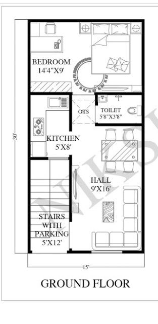 15 X 30 Floor Plan, 15x30 House Plans, 15×30 House Plan, House Plans One Floor, Spacious House Plans, Civil Drawing, One Floor House Plans, Floor Printable, Budget House Plans