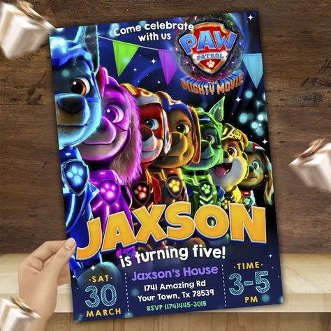 Paw Patrol Mighty Movie Birthday Invitation This product is digital, not phisycal item will be shiped. Your personalized files will be emailed asap after placing your order.   I need the party details for personalization, please fill the fields when placing your order.  all my files are high resolution 300 ppi.   #pawpatrolbirthday #birthdayinvitation #invitationforboys #pawpatrolinvitation Paw Patrol Digital Invitations, Boy Girl Names, Movie Birthday, Paw Patrol Birthday Party, Patrol Party, Paw Patrol Party, Girl Name, Paw Patrol Birthday, Party Details