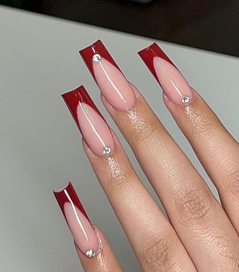 Long French Design Nails, Red Square Nails With Rhinestones, Red Tip Nails With Rhinestones, Dark Red French Tip Nails With Gems, Red Nails Acrylic Design Simple, Nail Ideas Red French Tips, Red French With Rhinestones, Dark Red Nails With Design Glitter, French Red Christmas Nails