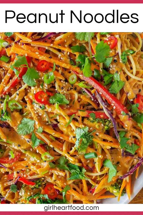 This peanut noodles recipe is super easy to prepare and so delicious! Noodles are generously tossed with a homemade peanut sauce and lots of veggies. Garnished with fresh cilantro and sesame seeds, it's a satisfying meal you'll want again and again. #peanutnoodlerecipe #peanutnoodlesrecipe #peanutbutternoodles #spicypeanutnoodles #peanutsauce #easypeanutsauce #noodlesalad #noodleswithpeanutsauce Peanut Noodles Recipe, Vegan Peanut Sauce, Dinner Asian, Easy Peanut Sauce, Delicious Noodles, Spicy Peanut Noodles, Homemade Peanut Sauce, Butter Noodles, Vegetarian Mains