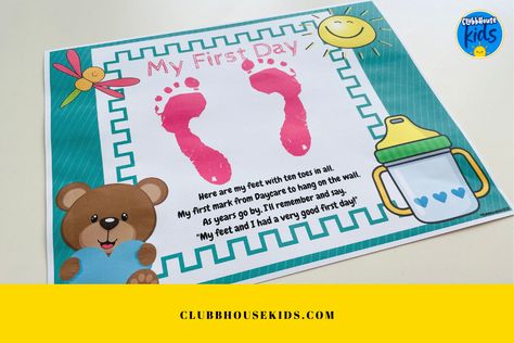 First Day Of Daycare Footprint Craft, First Day Of School Footprint Art, 1st Day Of Daycare Infant Craft, First Day Of School Crafts For Infants, First Day Daycare Craft, Themes For Infant Classroom, Infant Daycare Room Ideas Classroom, 1st Day Of Daycare Infant, First Day Of Daycare Craft Infant