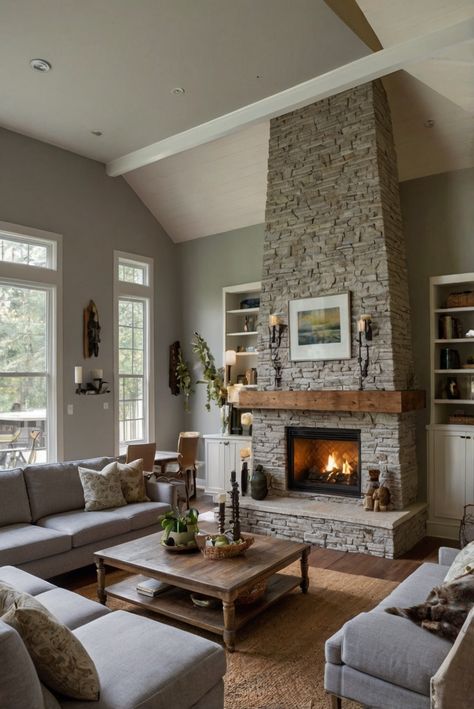 double-sided fireplace, home decor, living room design, space planning, interior designers, kitchen design, paint color matching Middle Fireplace Living Room, Double Fireplace Living Room, Street Formal, Fireplace Lounge, Double Fireplace, Light Oak Floors, Formal Lounge, Living Room Dining Room Combo, Double Sided Fireplace