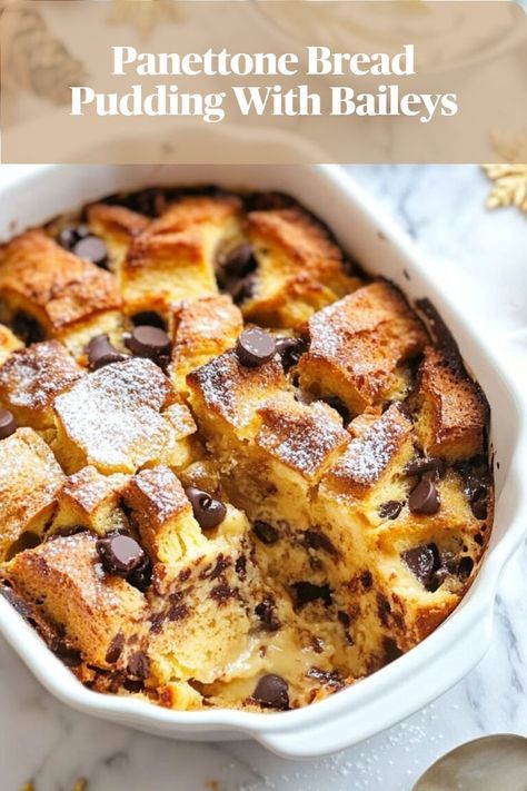 A comforting bread and butter pudding made with panettone and enhanced by a Baileys twist, creating a cozy, easy festive dessert. Irish Christmas Desserts, Simple Christmas Sweets, Irish Christmas Food, Quick Holiday Desserts, Christmas Sweets Easy, Bread Pudding With Rum Sauce, Quick Holiday Treats, Christmas Dessert Menu, Panettone Bread Pudding