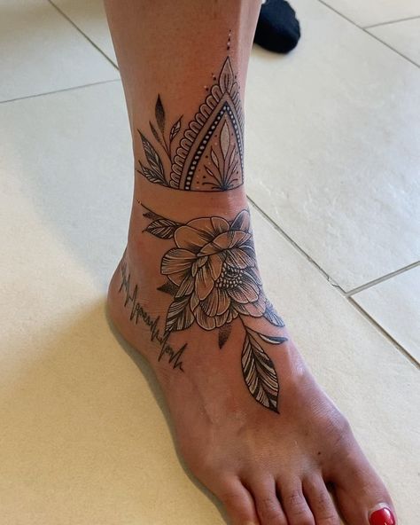 Lotus Flower Shin Tattoo, Ankle Mandala Tattoo, Female Foot Tattoos, Mandala Flower Shin Tattoo, Foot Mandala Tattoo, Mandala Tattoo Foot, Peony Ankle Tattoos For Women, Mandala Ankle Tattoo, Lotus Feet Tattoo