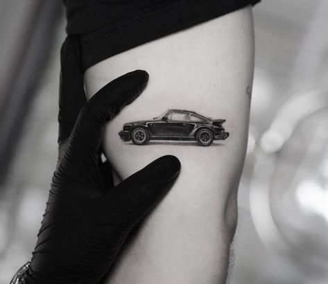 Car Memorial Tattoo, Porsche Tattoo Ideas, Matching Car Tattoos, Auto Tattoo Ideas, Car Inspired Tattoos, Classic Car Tattoo, Skiing Tattoos, Vintage Car Tattoo, Car Tattoos For Guys