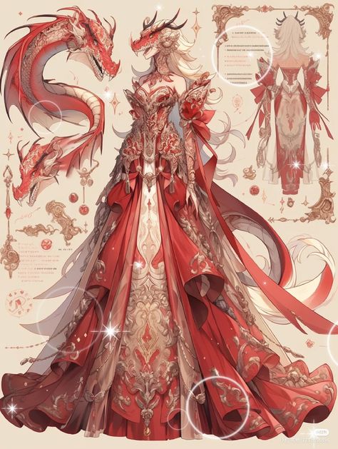 Dragon Outfit Aesthetic, Dragon Inspired Outfits, Red Dragon Aesthetic, Fantasy Dress Art, Victorian Era Dresses, Chinese Fancy Dress, Magic Dress, Fashion Drawing Sketches, Fashion Artwork