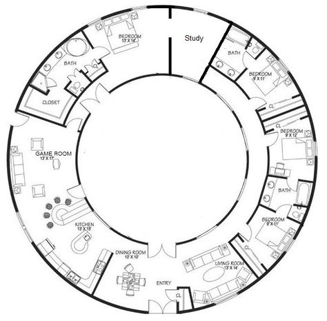 2,224 sq. ft. interior, 564 sq. ft. greenhouses, 1,520 sq. ft. courtyard, Footprint: 74’ diameter not including 8.5’ wide greenhouse. Circle Plan Architecture, Circle Floor Plan Layout, Circular Restaurant, Circular House Plans Layout, Circle Floor Plan Architecture, Circular Planning Architecture, Structural System, Round House Plans, Silo House