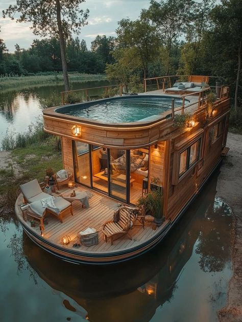 Pool On The Roof, Houseboat Interiors, Boat Homes, Boathouse Design, Houseboat Living, House Boats, Dream Life House, Boat House, Floating House