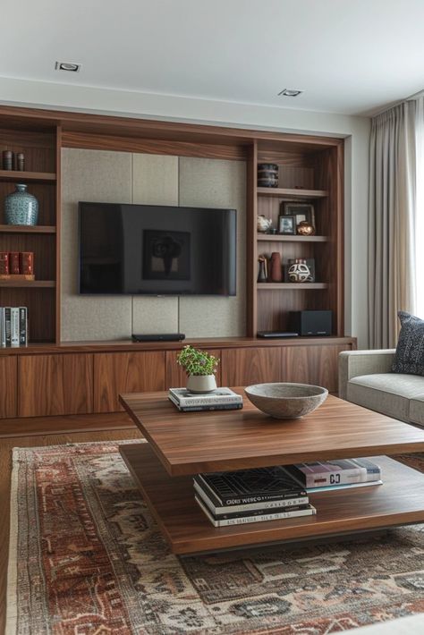 Walnut Wonder Walls Mid Century Modern Media Wall, Light And Dark Wood Furniture Together, Mid Century Built Ins, Walnut Living Room Furniture, Wood Tv Wall, Mid Century Modern Tv Cabinet, Dark Mid Century Modern, Mid Century Modern Decor Ideas, Walnut Furniture Living Room