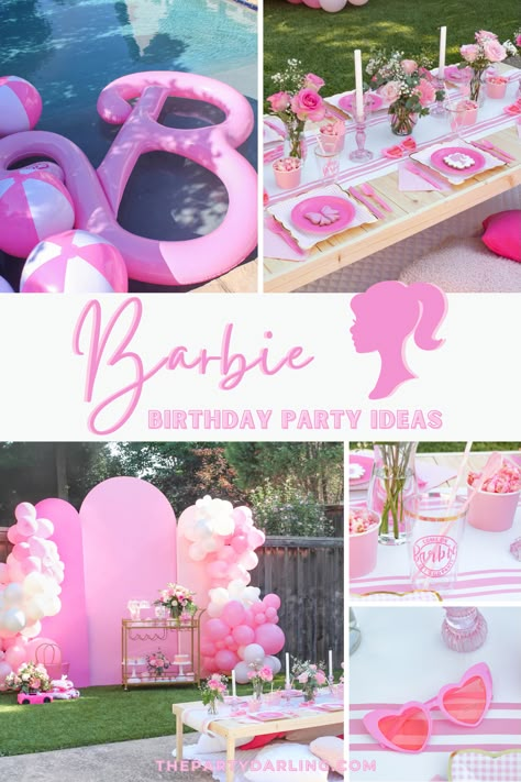 Pink party decorations for ideas on how to throw a Malibu Barbie Birthday Party for your little one Chic Barbie Birthday Party, Vintage Barbie Party Decorations, Barbie B Day Party, Barbie World Birthday Party, Pink Barbie Party Ideas, Barbie Place Setting, Barbie Viewing Party, Barbie Party Dessert Table, Boho Barbie Party