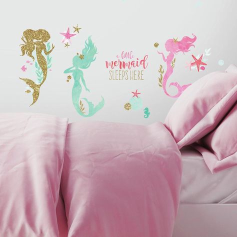 hometrends Mermaid Decals with Glitter | Walmart Canada Glitter Bedroom, Mermaid Wall Decals, Mermaid Ideas, Mermaid Bedding, Peel And Stick Wall Decals, Bedroom Stickers, Roommate Decor, Mermaid Bedroom, Mermaid Wall Decor