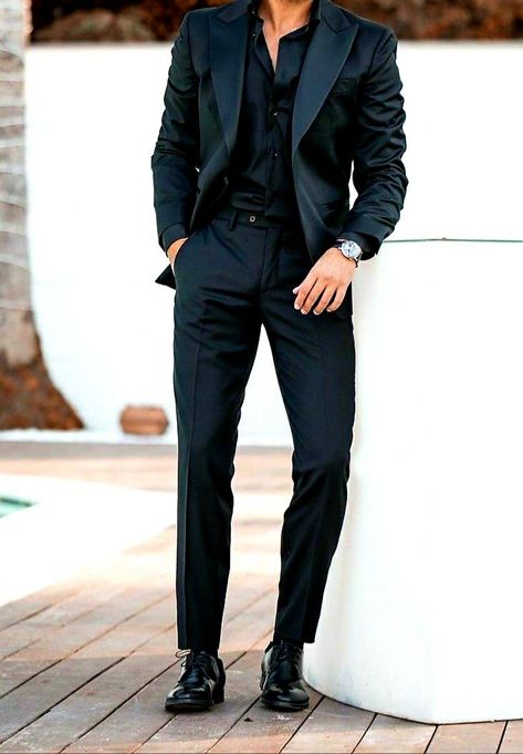 Mens Prom Outfit, Black Wedding Guest Outfits, Full Black Suit, Black Shirt Outfit Men, Wedding Guest Outfit Men, Mens Prom, Wedding Guest Suits, Black Tie Outfits, Black Shirt Outfits