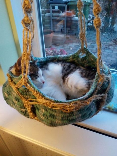 Crochet Cat Bed Hanging, Crochet Hanging Cat Bed, Cat Conservatory, Things To Make For Cats, Hammock Diy, Katt Grejer, Crochet Cat Bed, Estilo Hippy, Söt Katt