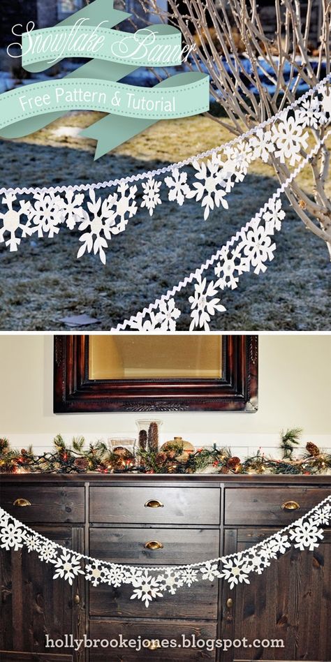 DIY Felt Snowflake banner Tutorial & Pattern. https://skl.sh/2rhAf60  #snowflake #pattern #banner #tutorial #pendant #Christmas #holiday  #winter #decoration #diy #easy #felt Diy Snowflake Decorations, Snowflake Banner, Snowflake Crafts, Diy Snowflake, Baby Mobil, Snow Flakes Diy, Folding Origami, Wooden Snowflakes, Jar Ideas