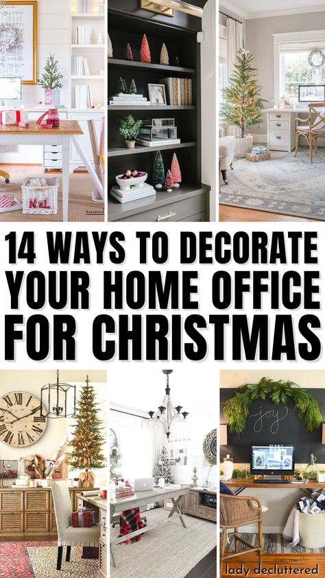 14 Ways to Decorate Your Home Office for Christmas Home Office Christmas Decorations, Christmas Home Office Decor, Decorate Office For Christmas, Home Office Christmas Decor, Office Christmas Decorating Ideas For Work, Decorating Work Office, Ladies Office Decor, Office Christmas Decorating Ideas, Office Christmas Decorations Cubicles