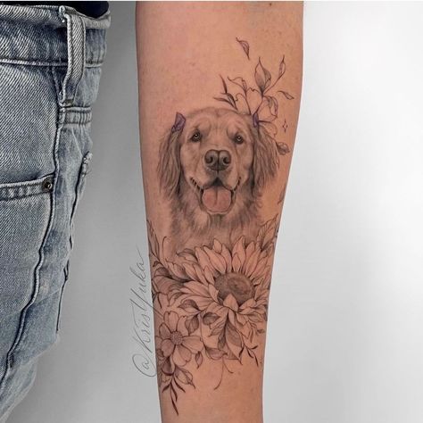 Dog Portrait With Flowers Tattoo, Dog Portrait Tattoo Sleeve, Dog Tattoo Floral, Dog Half Sleeve Tattoo, Dog Floral Tattoo, Dog Lover Tattoo For Women, Dog And Flower Tattoo, Mila Tattoo, Dog Memorial Tattoos Unique