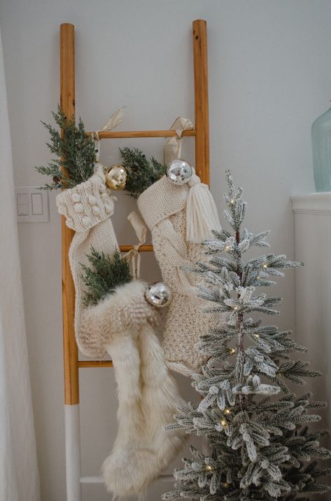 Christmas Stocking On Wall Ideas, Sticking Hanging Ideas No Fireplace, How To Display Stockings With No Mantle, Christmas Stockings Display Ideas, Christmas Tree Without Garland, Stockings On Ladder Christmas, Stocking Without Mantle, Places To Hang Stockings Ideas, Non Mantle Stocking Ideas