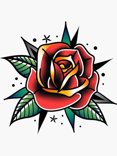 American Traditional Rose Tattoo Design, American Trad Rose, American Trad Flower, Traditional Rose Tattoo Design, Old School Tattoo Rose, Old School Flower Tattoo, Old School Rose Tattoo, Trad Rose, Rose Traditional Tattoo