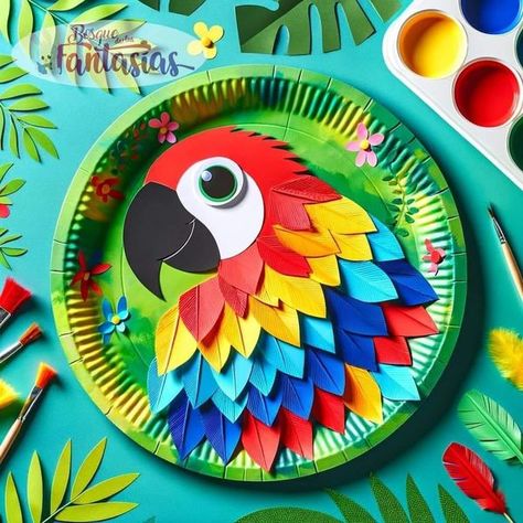 Alpha kids :worksheets and activities Parrot Crafts Preschool, Preschool Parrot Craft, Parrot Art For Kids, Parrot Activities For Kids, Paper Plate Parrot, Parrot Paper Craft, Parrot Making Craft, Paper Plates Craft, Plate Craft Ideas