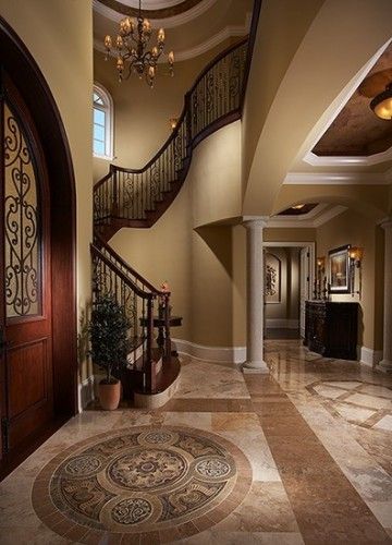 This is the most beautiful entryway I have ever seeeen. Stairs Chandelier, Mediterranean Kitchen Design, Mediterranean Kitchen, Lan Can, Entry Way, Design Living Room, House Goals, Home N Decor, Dream Home Design