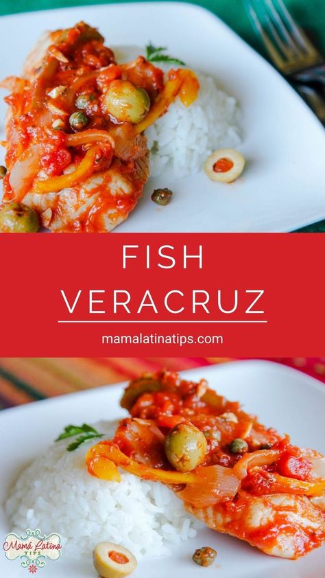 A college showing two photos with fish Veracruz with olives, capers and peppers next to white rice. Snapper Veracruz Recipe, Tilapia Veracruz Recipe, Mexican Fish Recipes, Mexican Fish, Steamed Fish Recipes, Best Fish Recipes, Cod Fish Recipes, Lenten Recipes, Fish Dinner Recipes