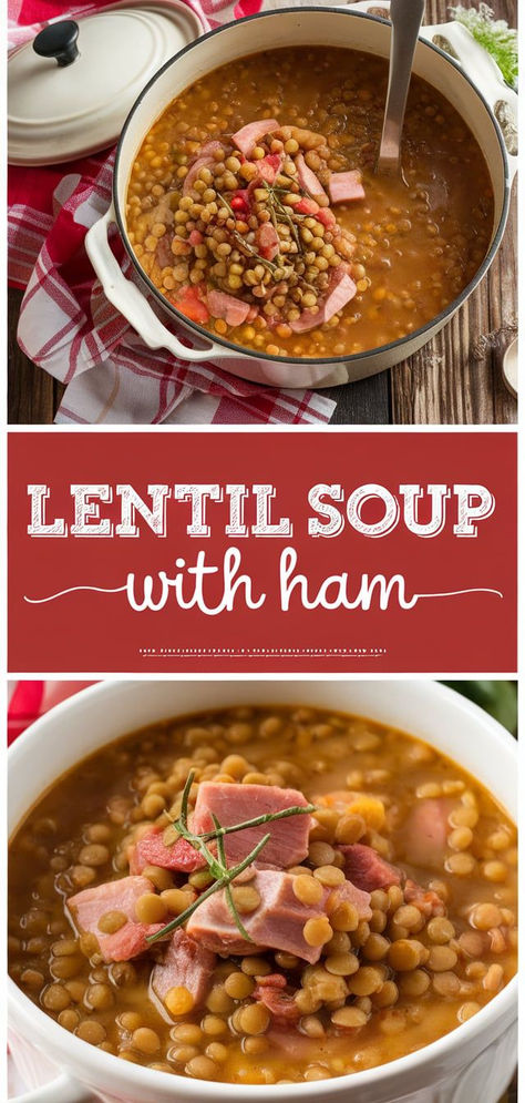 Hearty Lentil Soup with Ham: a warm, comforting meal packed with tender lentils, savory ham, and flavorful veggies. Easy, nutritious, and perfect for chilly days! Crockpot Lentil Soup With Ham, Lentils And Ham Soup, Ham And Lentil Soup Recipes, Lentil Ham Soup Recipe, Ham And Lentil Soup Crockpot, Lentil Soup Recipe With Ham, Lentil Soup With Ham Bone, Lentil And Ham Soup Recipe, Lentil Ham Soup