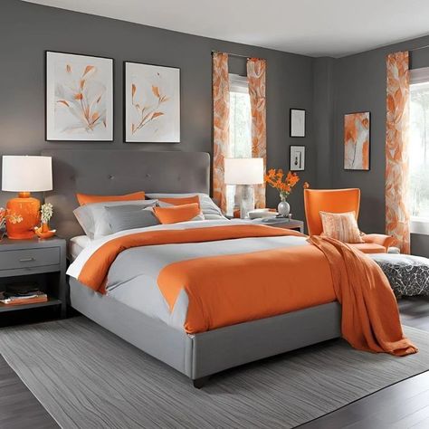 Burnt Orange And Gray Bedroom, Grey And Orange Bedroom Ideas, Gray And Orange Bedroom, Grey And Orange Bedroom, Orange And Grey Bedroom, Orange Bedroom Ideas, Orange Bedroom Decor, Bedroom Glam, Grey Bathrooms Designs