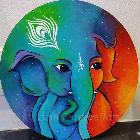 Creative Acrylic Painting Ideas, Rangoli Designs Of Ganesha, Rangoli Krishna Designs, Rangoli God Design, Rangoli Of God, Ganapati Painting Easy, Elephant Rangoli Design, Ganesh Canvas Painting Easy, Cute Ganesha Painting