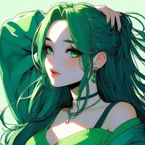 Anime Oc Female Green Hair, Green Hair Anime Female, Anime With Green Hair, Green Hair Anime Pfp, Acotar Family, Green Hair Girl Art, Green Hair Anime Woman, Green Hair Drawing, Green Hair Character